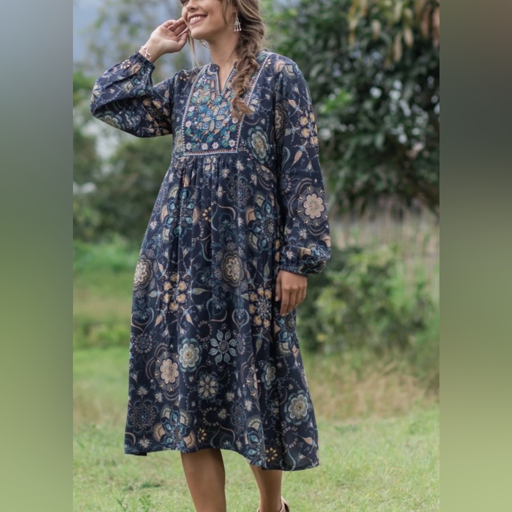 NOVICA "Celestial Day" Boho Granola Hippie Embroidered Empire Floral LS Midi XXL - Picture 3 of 16